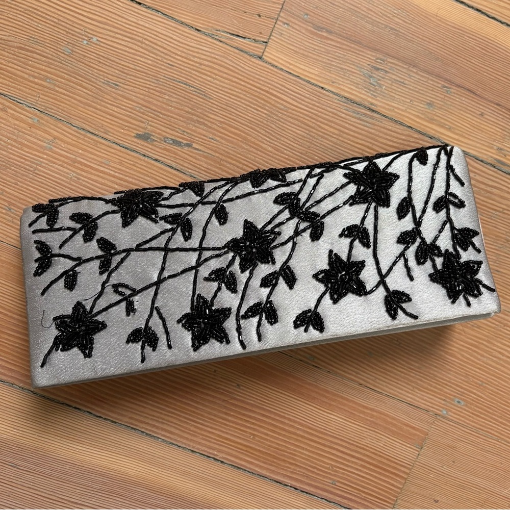 Vintage Bijoux Terner Beaded Silver Satin Evening Clutch